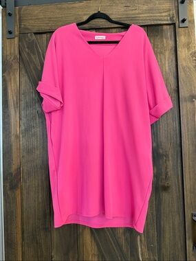 Carole Christian V-Neck Roll-Sleeve Dress in Bright Pink